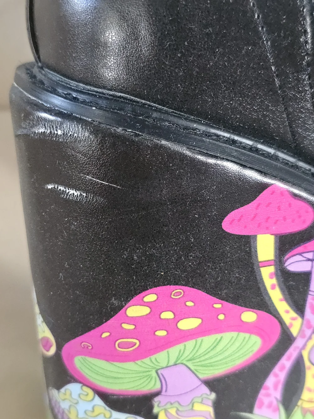 Black Platform Lace-Up Boots with Neon Mushroom Print